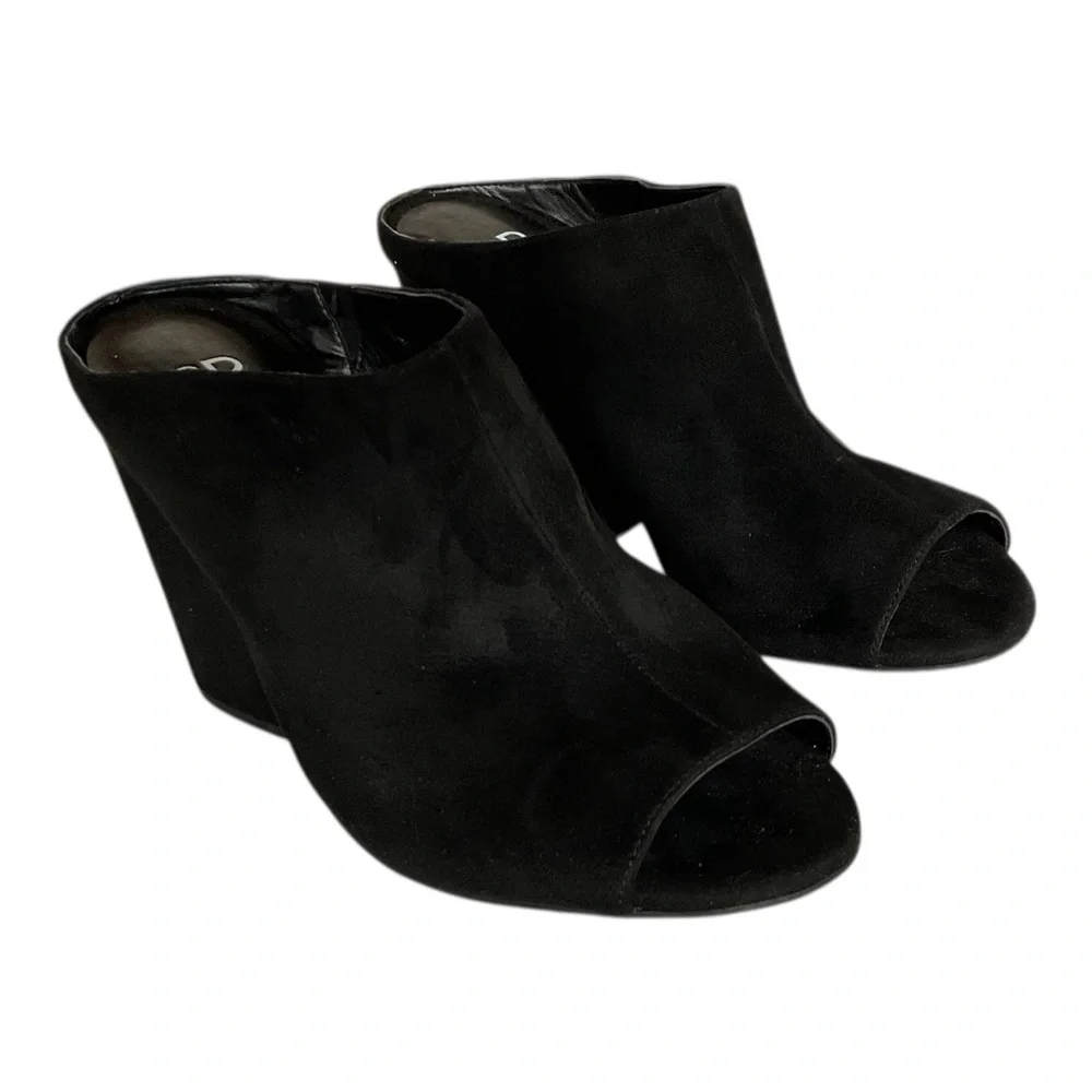 BP Nordstrom Black Peep Toe Mule Heels Size 9 M Slip On Block Heel Minimal - Picture 3 of 8